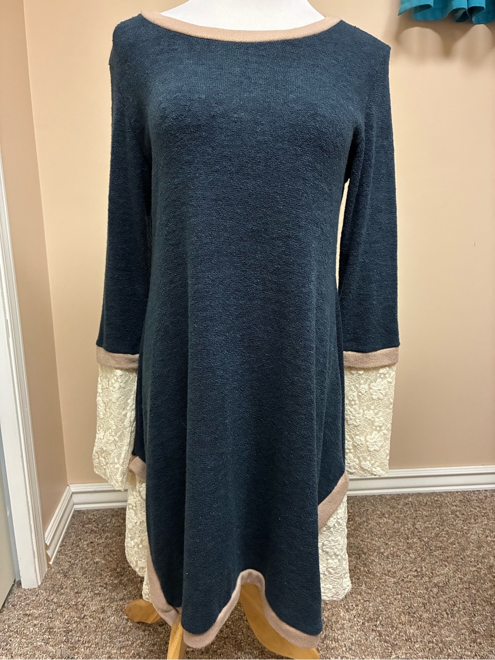 Blue Hat Size Large Long Sleeve Dark Blue Sweater Dress with Cream Lace Trim